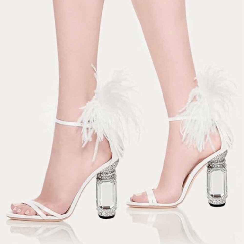 FSJ White Fur Open Toe Stylish Sandal Ankle Strap Chunky Crystal High Heel Shoes
